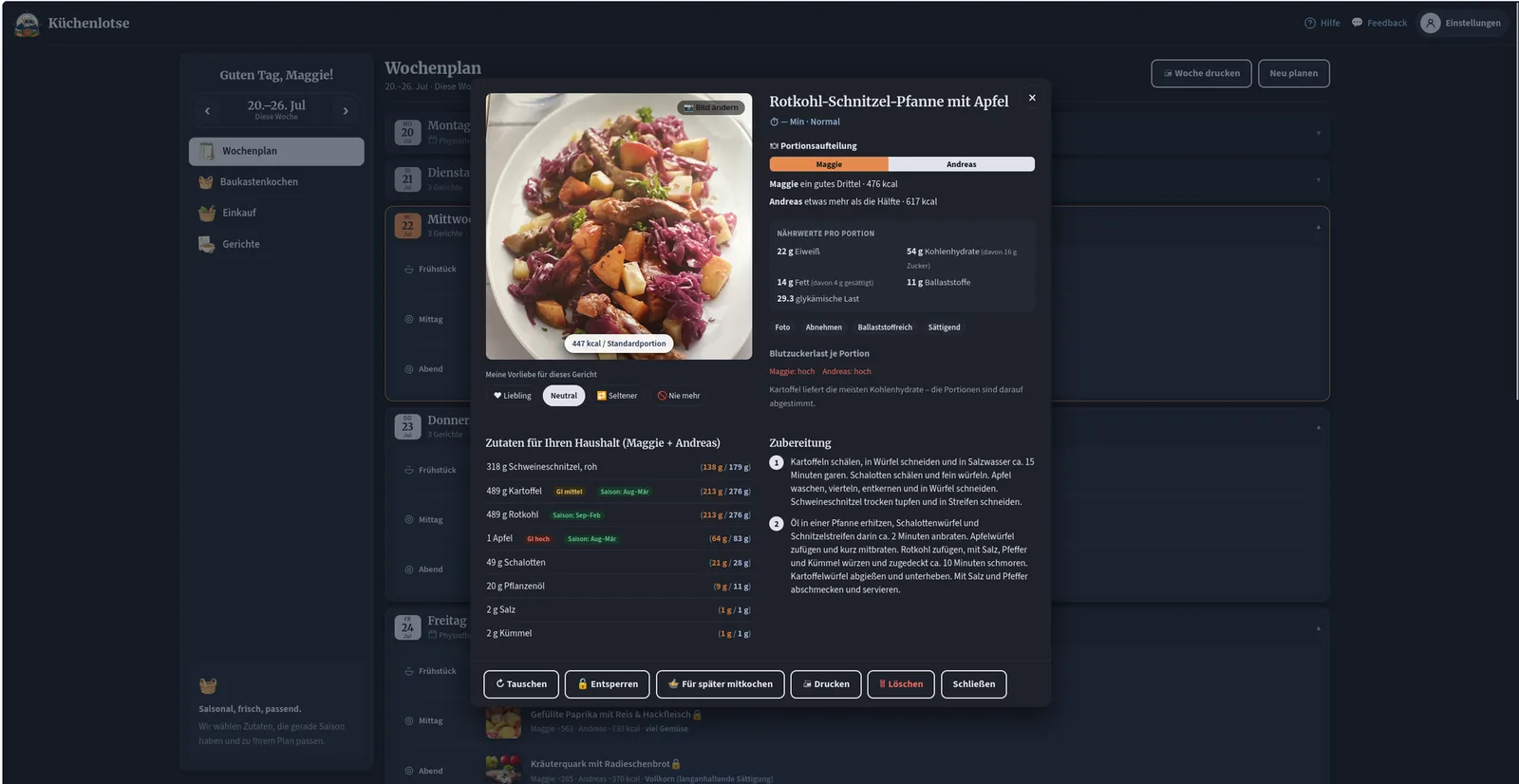 Wochenplan mit Rezept-Detail: Portionen, Nährwerte und Tauschen